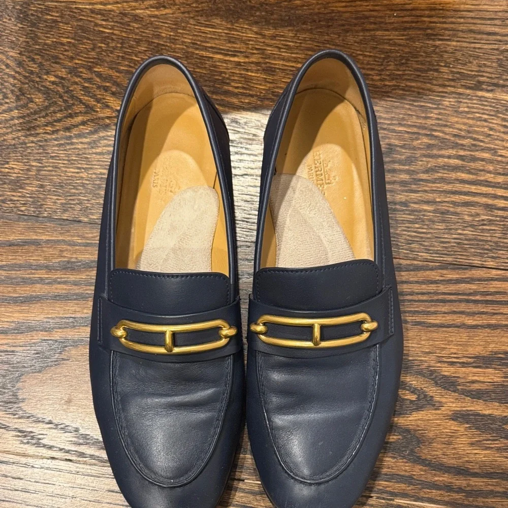 Hermes Colette Navy Blue Loafers with Gold Accent - Picture 6 of 11